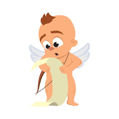 Obraz premium Cupid angel love character vector illustration for Valentine day or wedding dating surprised naked Amur Eros greek mythology god or cherub baby with bow and checklist emoji on white background