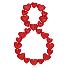 Number 8 collected from decorative red hearts. Isolated on white background. Concepts: digit, symbol, design, title, text, love, figure