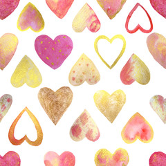 Fototapeta premium Gold and pink hearts for Valentine's Day! Hearts are drawn with watercolor by hand. Seamless pattern.
