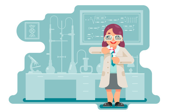 Female Experiment wise smart woman scientist chemical laboratory transfuse chemical reagents test tubes flat design vector illustration