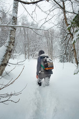 young man tourist with a backpack walks through deep friable snow in the winter in the forest Russia, the Caucasus, Dombay