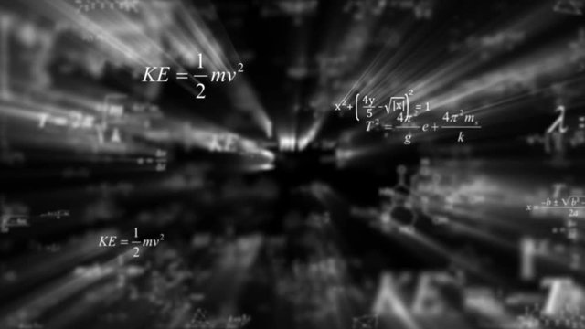 Formulas with inner light.Abstract background. The camera flies past a large number of mathematical formulas on a dark background. Business concept. 3d render. Education presentation or graduation