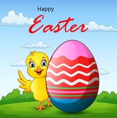 cartoon little chick with easter egg with background