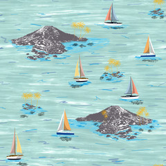 Beautiful seamless island pattern. Summer trends bright seamless colorful island pattern on light green background. Landscape with palm trees, beach, sailing ship and ocean brush hand drawn style.