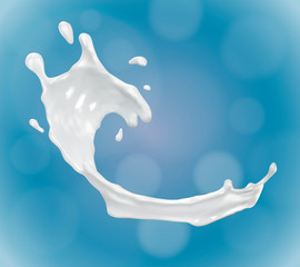 Splash of realistic white liquid on blue background. Vector illustration.