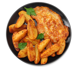 Fried potato wedges with schnitzel on black plate isolated on white background. top view.