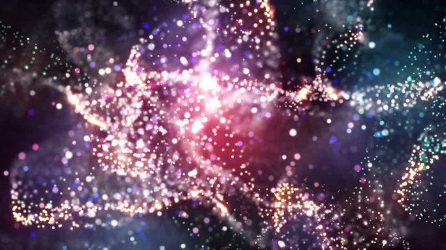 4K Abstract motion background animation shining particles stars sparks and magic dust forming in space wave flow with light rays and projections seamless loop