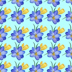 Fototapeta premium Seamless floral pattern of Crocus flowers and herbs in watercolor style. Perfect background for fabric, wrapping paper, packaging, etc. - Illustration