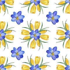Plakat Seamless floral pattern of Crocus flowers and herbs in watercolor style. Perfect background for fabric, wrapping paper, packaging, etc. - Illustration