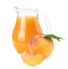 jug of peach juice with peach fruit and slices isolated on white background.