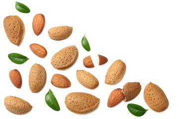almonds with green leaves isolated on white background. top view.