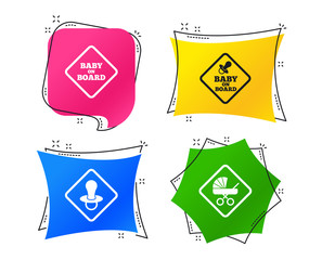 Baby on board icons. Infant caution signs. Child buggy carriage symbol. Geometric colorful tags. Banners with flat icons. Trendy design. Vector