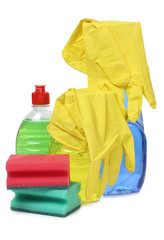 Protective gloves and cleaning products on white background