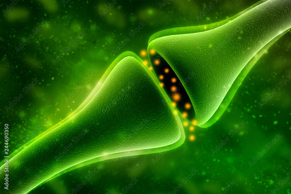 Wall mural synapse and neuron cells sending electrical chemical signals. 3d rendering