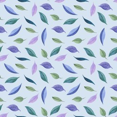 Floral pattern in watercolor style. Beautiful seamless pattern with flowers with pink and blue, herbs and leaves. Can be used as a background template for Wallpaper, printing on fabrics, packaging.