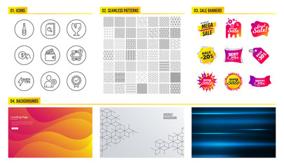 Seamless pattern. Shopping mall banners. Set of Search files, Debit card and Fragile package icons. Payment, Champagne and Security signs. Quickstart guide, Bus parking and Certificate symbols