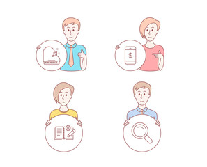 People hand drawn style. Set of Engineering documentation, Piano and Smartphone payment icons. Search sign. Manual, Fortepiano, Mobile pay. Magnifying glass.  Character hold circle button. Vector