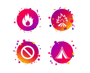 Tourist camping tent icon. Fire flame and stop prohibition sign symbols. Gradient circle buttons with icons. Random dots design. Vector