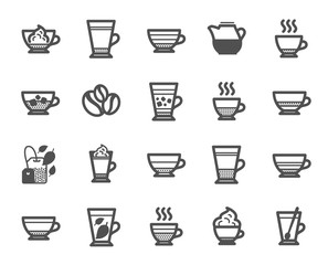 Coffee types and Tea icons. Set of Latte, Frappe and Cappuccino icons. Espresso, Doppio and Cafe Crema. Americano, Whipped cream latte and Coffee with ice. Mocha cafe, Herbal, Mint tea cups. Vector