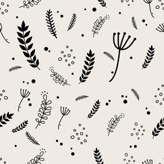 Seamless plant and leaf pattern. Vector natural background.