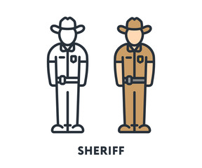 Town Sheriff Police Officer Character Uniform Hat. Vector Flat Line Stroke Icon.