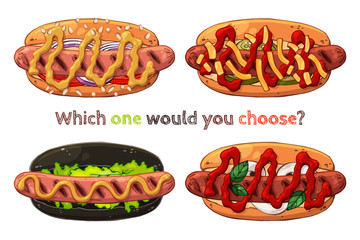 Group of vector colorful illustrations on the fast food theme; set of different kinds of hotdogs. Isolated objects for your design.