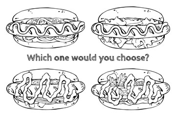 Group of vector illustrations on the fast food theme; set of different kinds of hotdogs. Isolated objects for your design.