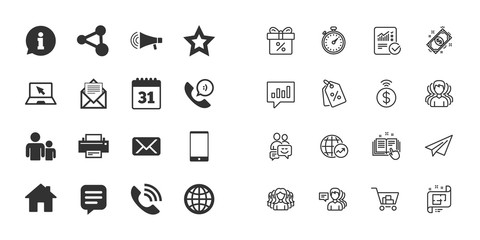 Set of Communication, Conference and Information icons. E-Mail, Printer and Internet signs. Speech bubble, Support and Phone call symbols. Paper plane, report and shopping cart icons. Group of people