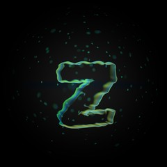 Microscopic letter Z lowercase. 3D rendered nano font with tiny particles on black background