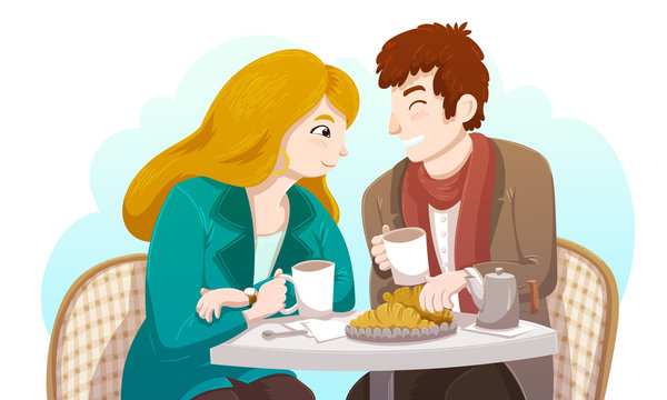 Couple sitting at a table and drinking coffee with croissant in a street cafe. Woman with blonde hair and green vest. Vector illustration isolated on a white background.
