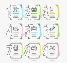 Infographic template with numbers 9 options. Set of Check investment, Incoming mail and Technical documentation icons. Partnership, Phone payment and Read instruction signs. Vector