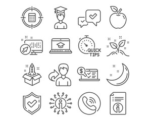Set of Startup, Website education and Approve icons. Online accounting, Technical info and Startup concept signs. Student, Quick tips and Calculator target symbols. Vector