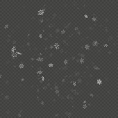 Transparent glitter Christmas eve snowfall effect for Christmas and New Year Design with snowflakes. Falling shining snow in different shapes and forms falling background. Eps 10