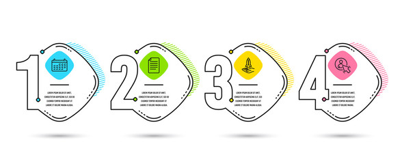 Infographic template 4 options or steps. Set of Crowdfunding, File and Calendar icons. User sign. Start business, Paper page, Business audit. Project manager.  Process diagram, workflow layout