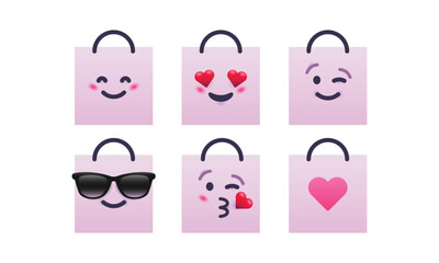 Shopping bags emoticon set. Smile, in love, wink, cool, kiss, heart