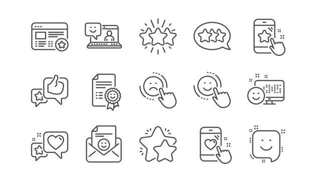 Feedback line icons. User Opinion, Customer service and Star Rating. Customer satisfaction linear icon set.  Vector