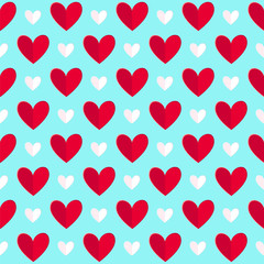 Seamless vector pattern with red and white hearts on blue background.