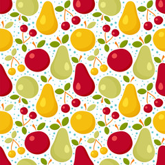 Seamless vector pattern with juicy pears, apples and cherries. Fruits bright background.