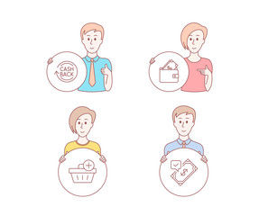People hand drawn style. Set of Add purchase, Cashback and Wallet icons. Accepted payment sign. Shopping order, Refund commission, Usd cash. Bank transfer.  Character hold circle button. Vector
