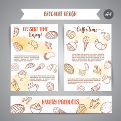 Bakery poster template with pastries. Sweet pastry, cupcakes, dessert cards with chocolate cake, sweets.