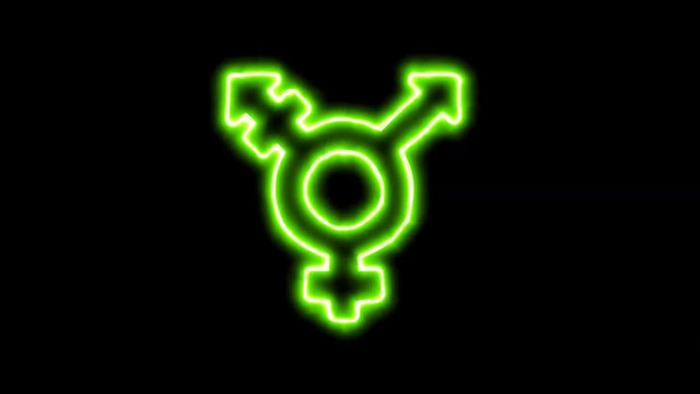 The appearance of the green neon symbol transgender. Flicker, In - Out. Alpha channel Premultiplied - Matted with color black