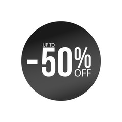 black discount sticker with sale percents. Fifty percent off element