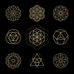 Vector sacred geometry illustration set . Mystical celestial symbols. Gold abstract compositions suitable for apparel, card, poster design.