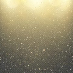 Christmas or New Year glowing sparkles rain. Abstract gold glitter space nebula shine effect. Golden dust overlay layer. Twinkling confetti, shimmering dot lights. EPS 10