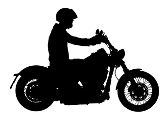 Biker driving a motorcycle rides along the asphalt road vector silhouette illustration. Freedom activity. Road travel by bike. Man on bike silhouette. Motorbike rider silhouette. 