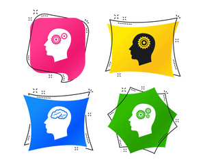 Head with brain icon. Male human think symbols. Cogwheel gears signs. Geometric colorful tags. Banners with flat icons. Trendy design. Vector