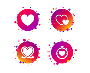 Heart ribbon icon. Timer stopwatch symbol. Love and Heartbeat palpitation signs. Gradient circle buttons with icons. Random dots design. Vector