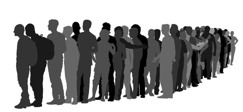 Group of people waiting in line vector silhouette isolated on white. Mexico border refugees. migration crisis in Europe. Turkey war migration waves going to Schengen Area. Border situation in USA, EU.