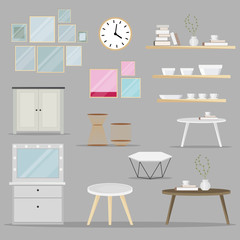 Set of interior elements. Collection of home accessories in flat cartoon style. Vector illustration
