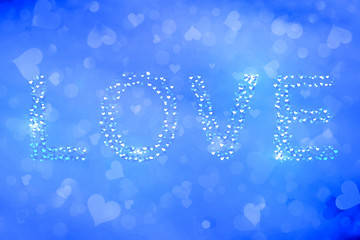 The word love alphabets with blue and white heart shapes for Valentines Day. Illustration background.